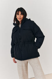 Hooded Drawstring Waist Puffer Coat