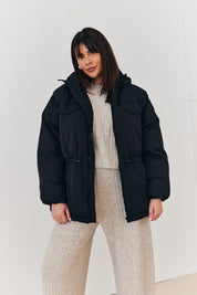 Hooded Drawstring Waist Puffer Coat