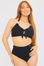 Textured Gold Bar Detail Halter Neck Bikini Top