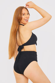 Textured Gold Bar Detail Halter Neck Bikini Top