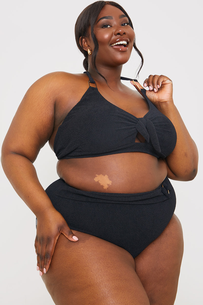 Textured Gold Bar Detail Halter Neck Bikini Top