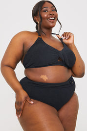 Textured Gold Bar Detail Halter Neck Bikini Top