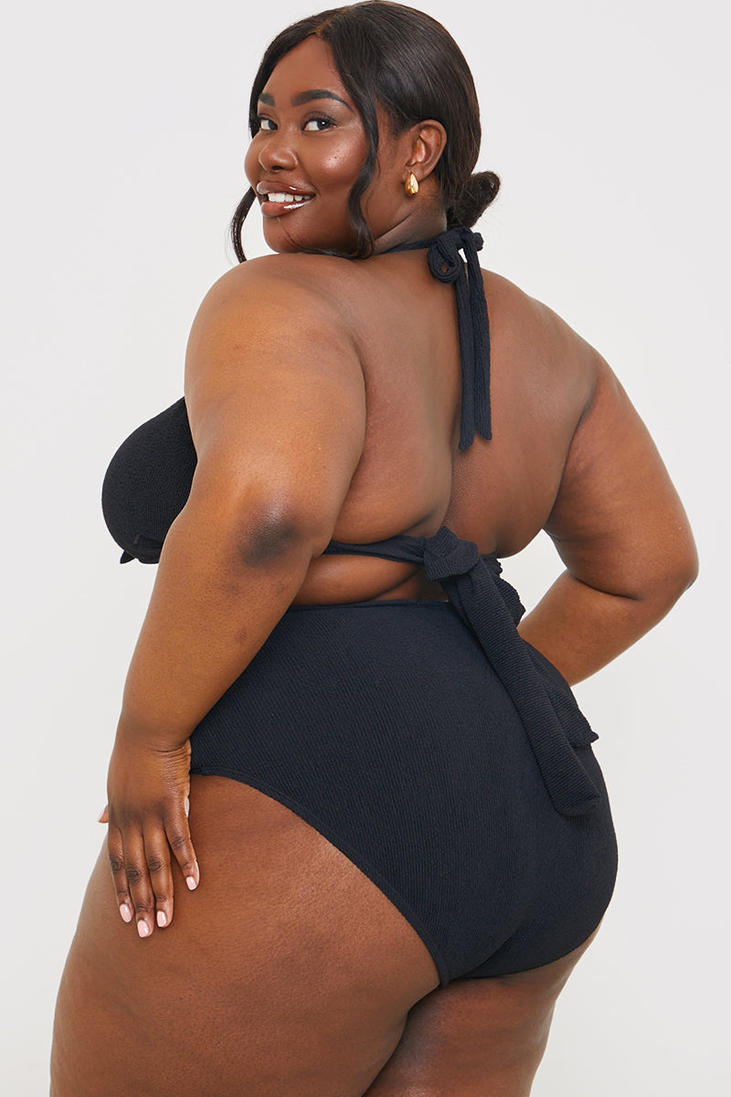 Textured Gold Bar Detail Halter Neck Bikini Top