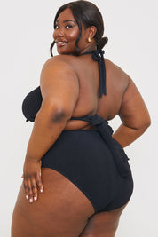 Textured Gold Bar Detail Halter Neck Bikini Top