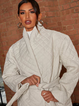 Diamond Quilted Longline Belted Coat in Cream