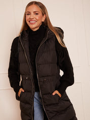 Waist Detail Padded Longline Gilet in Black