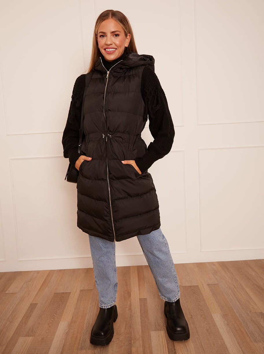 Waist Detail Padded Longline Gilet in Black