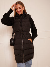 Waist Detail Padded Longline Gilet in Black