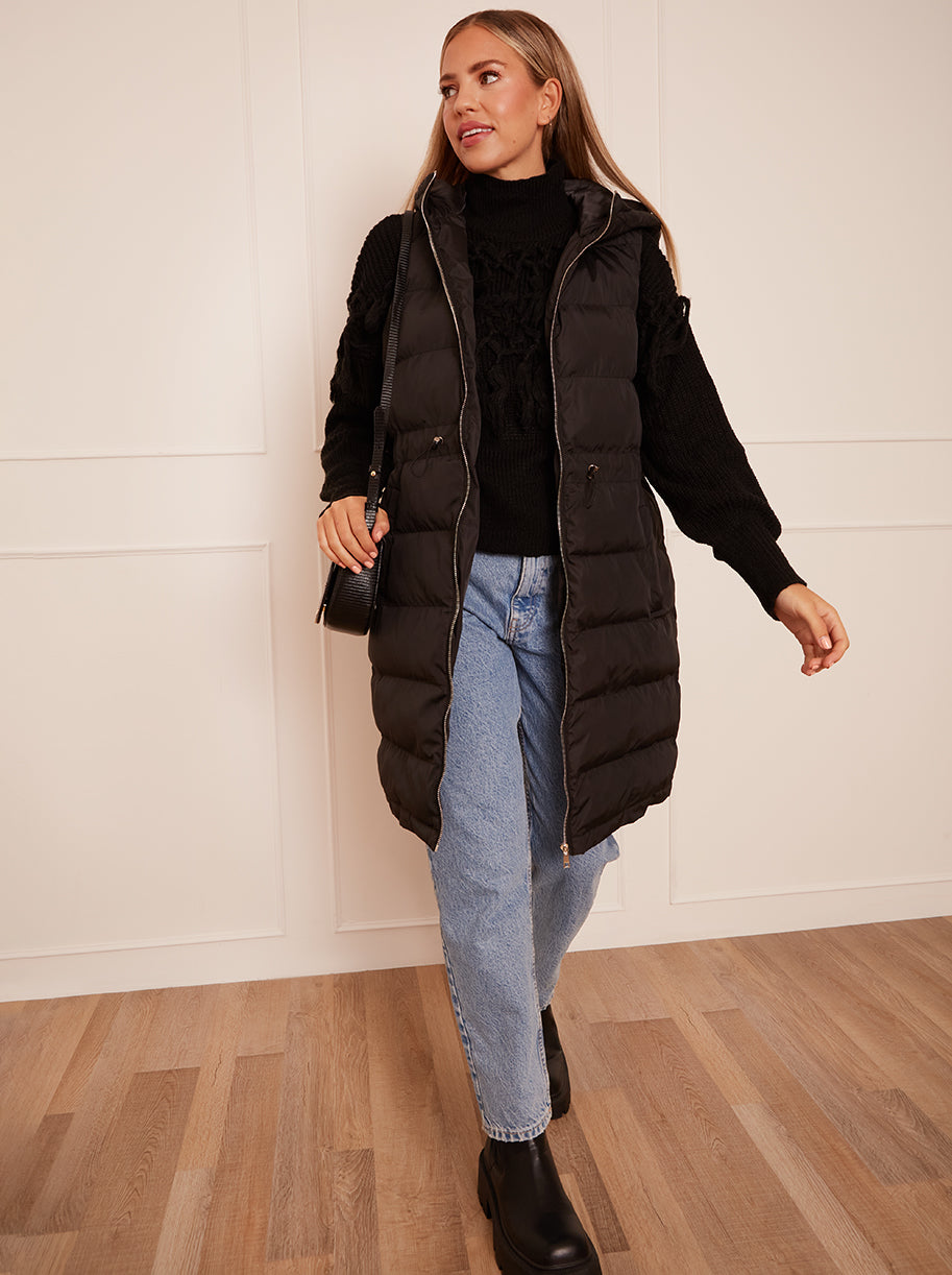 Waist Detail Padded Longline Gilet in Black