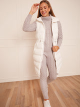 Waist Detail Padded Longline Gilet in White
