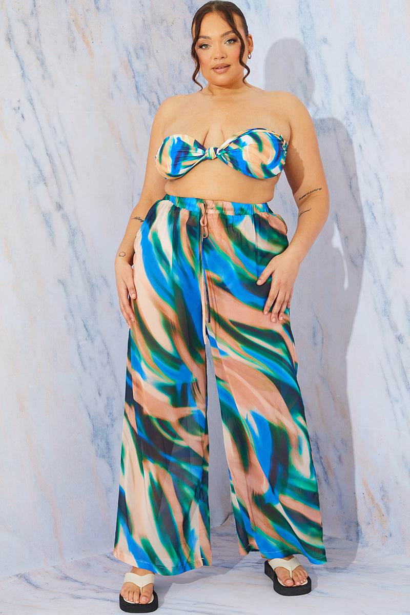 Abstract Print Wide Leg Elastic Waist Trousers