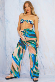Abstract Print Wide Leg Elastic Waist Trousers