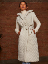 Diamond Quilted Longline Belted Gilet in Cream