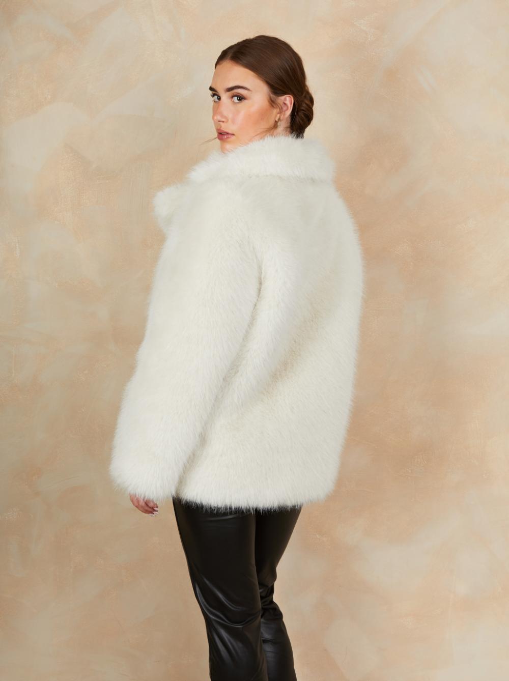 Faux Fur Mid Length Coat in Cream