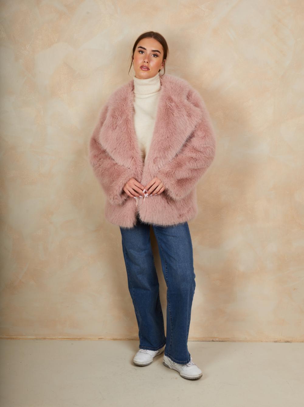 Faux Fur Mid Length Coat in Pink