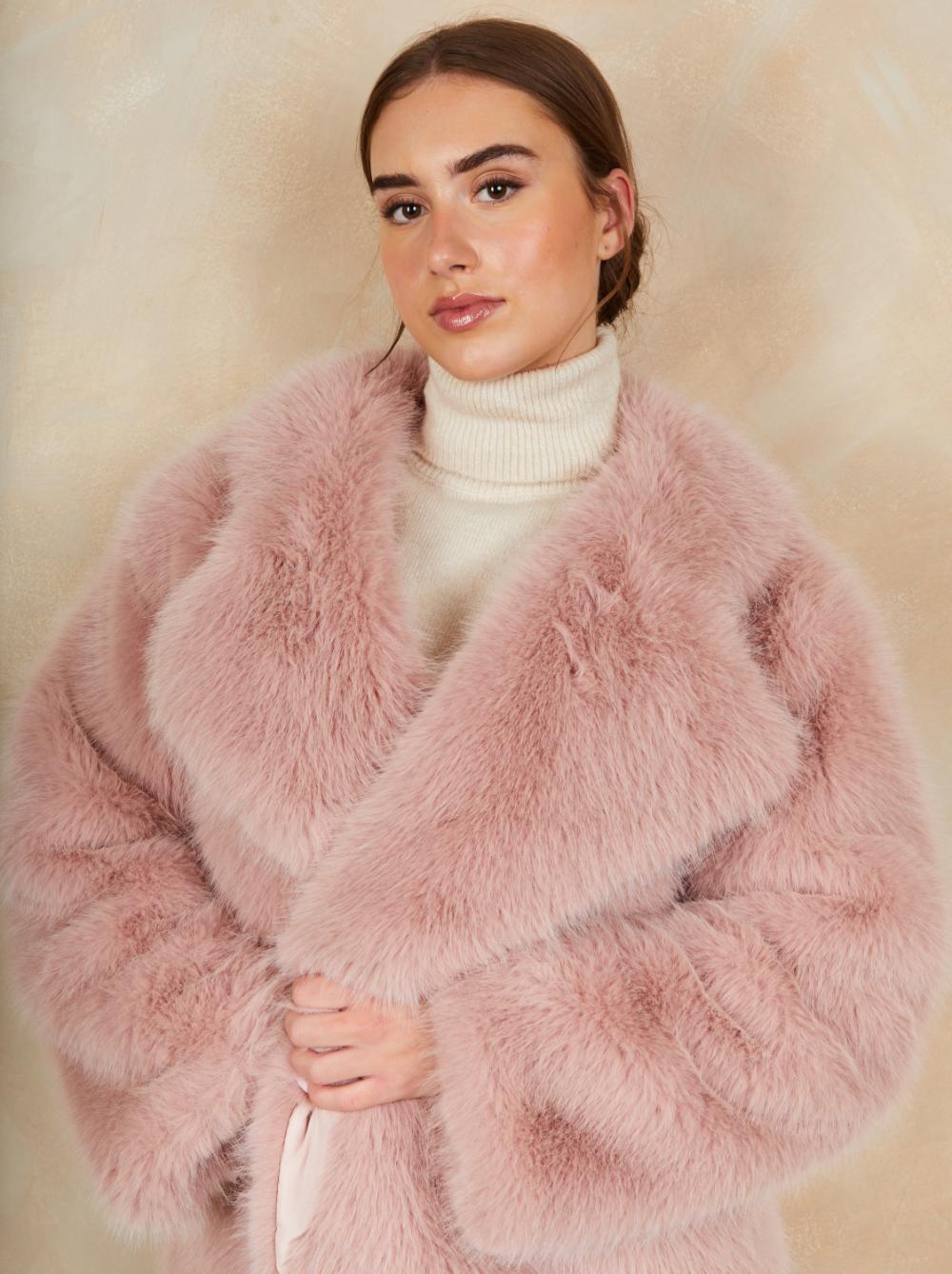 Faux Fur Mid Length Coat in Pink