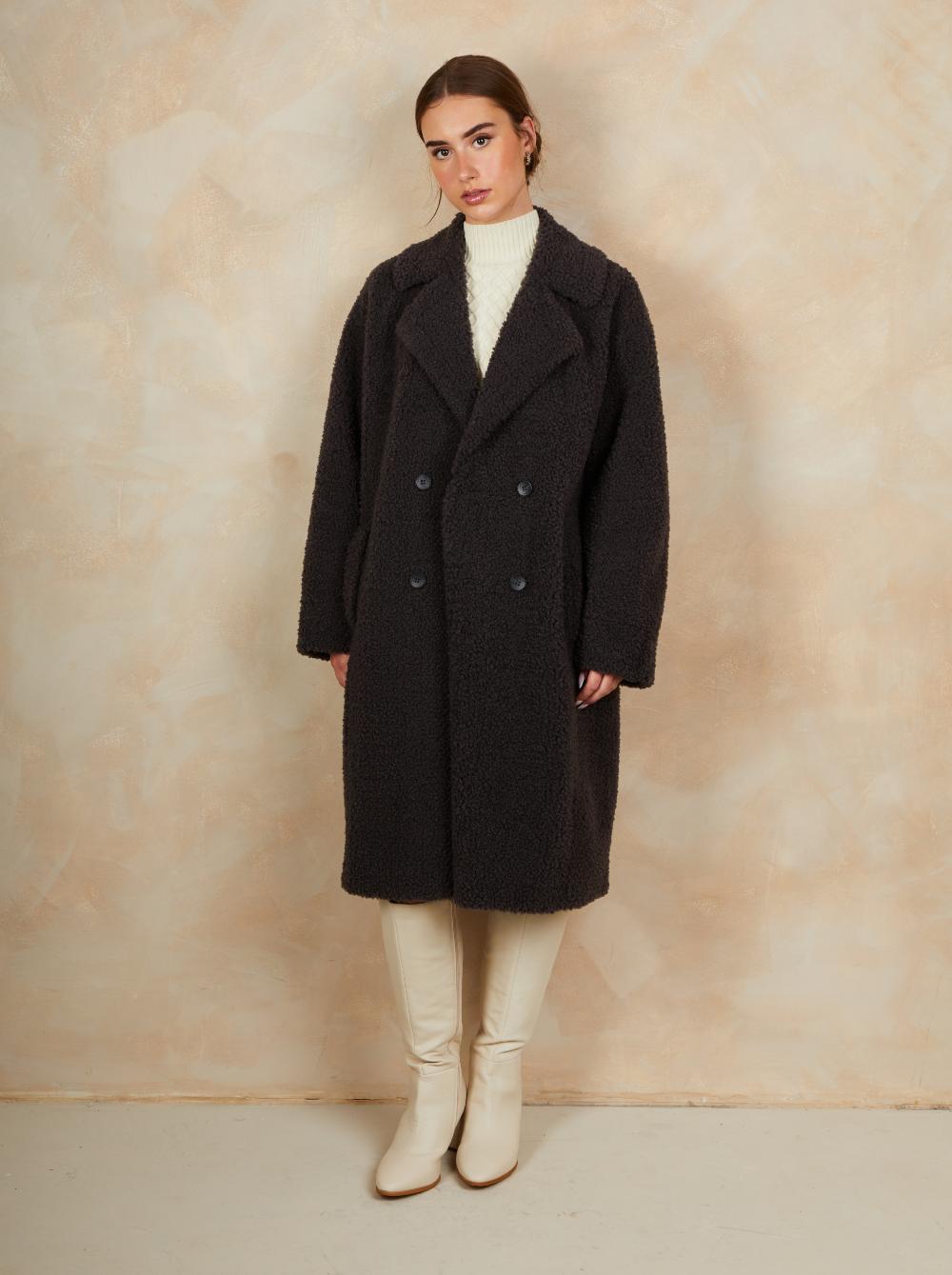 Teddy Mid Length Coat in Charcoal
