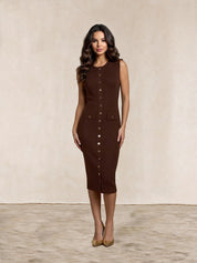 Sleeveless Button Front Knitted Maxi Dress in Brown