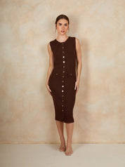 Sleeveless Button Front Knitted Maxi Dress in Brown