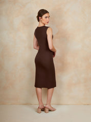 Sleeveless Button Front Knitted Maxi Dress in Brown