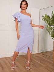 Petite Ruffle One Shoulder Midi Dress in Blue