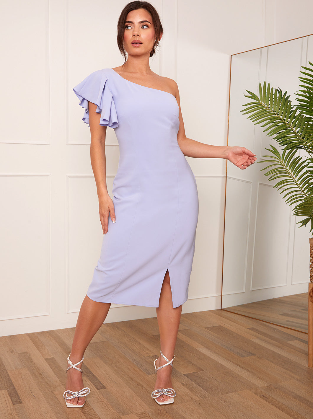 Petite Ruffle One Shoulder Midi Dress in Blue