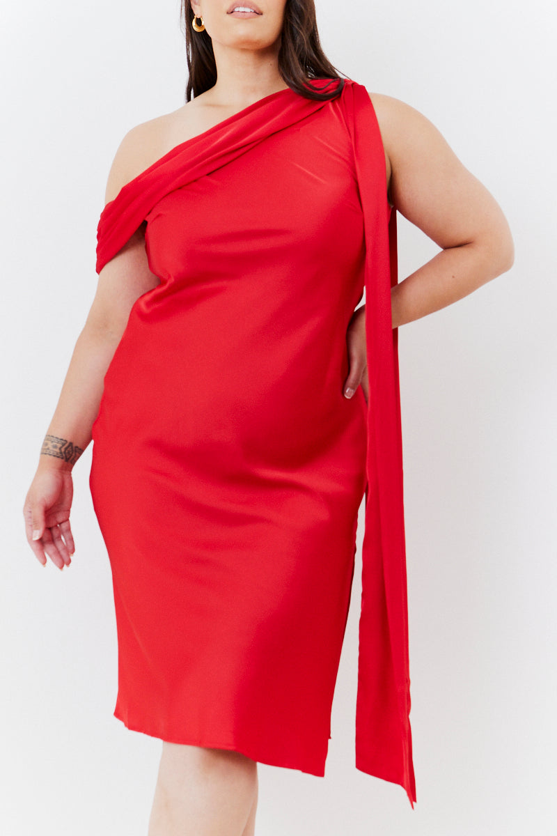 Satin Asymmetric Draped Neckline Midi Dress