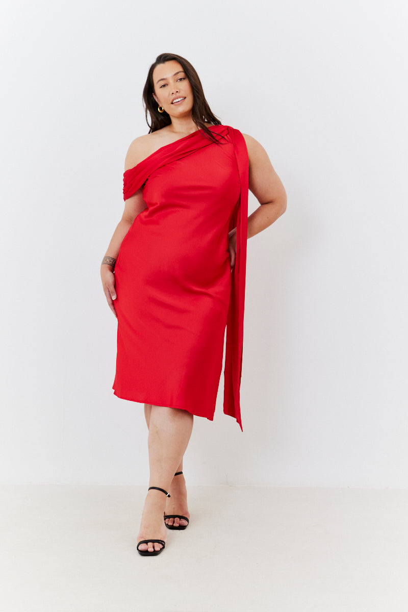 Satin Asymmetric Draped Neckline Midi Dress