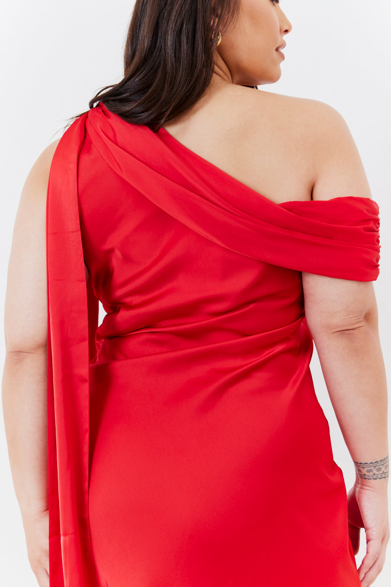 Satin Asymmetric Draped Neckline Midi Dress