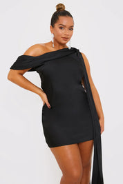 In The Style Satin Asymmetric Neckline Mini Dress in Black