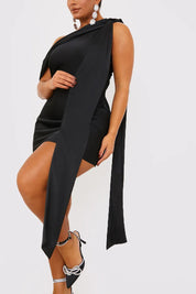In The Style Satin Asymmetric Neckline Mini Dress in Black