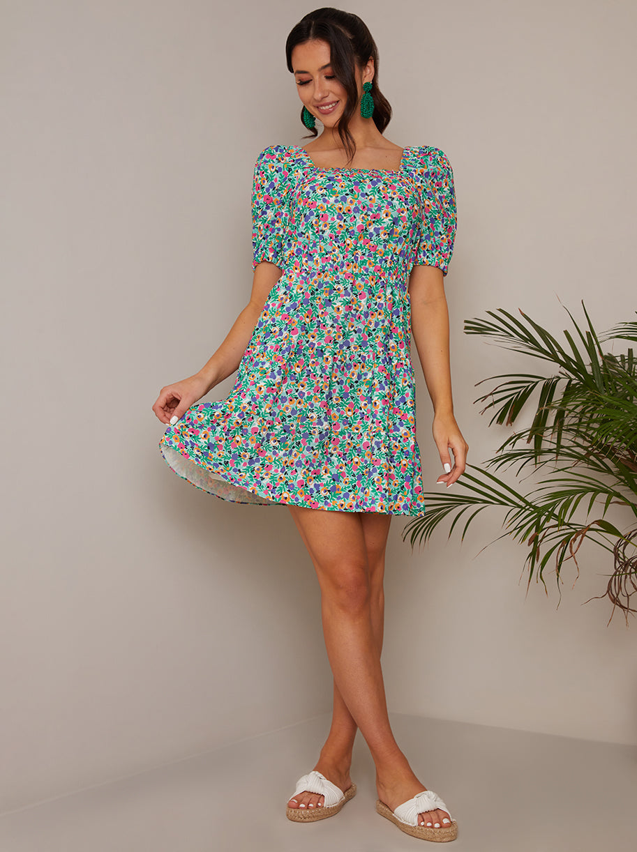 Short Sleeve Cross-Back Floral Mini Dress in Green