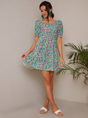Short Sleeve Cross-Back Floral Mini Dress in Green