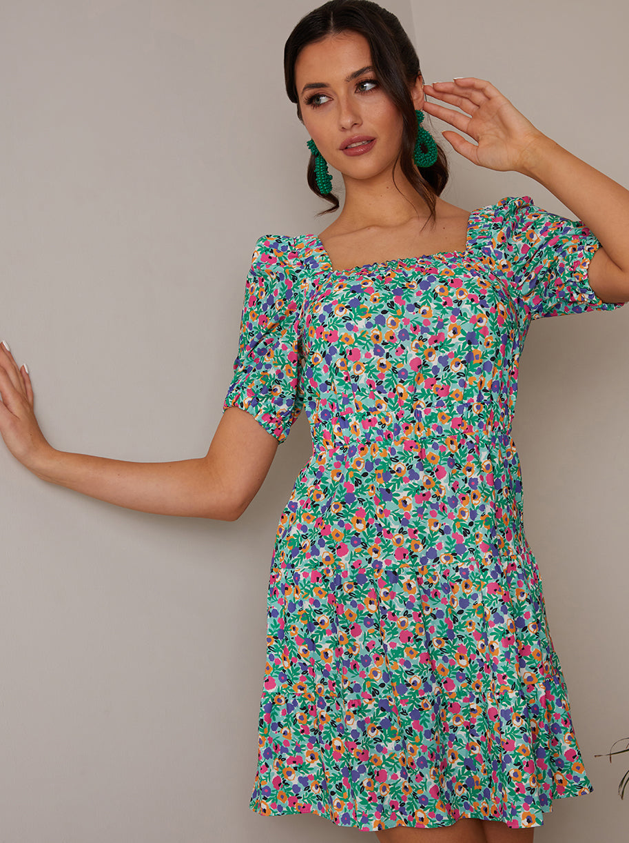 Short Sleeve Cross-Back Floral Mini Dress in Green
