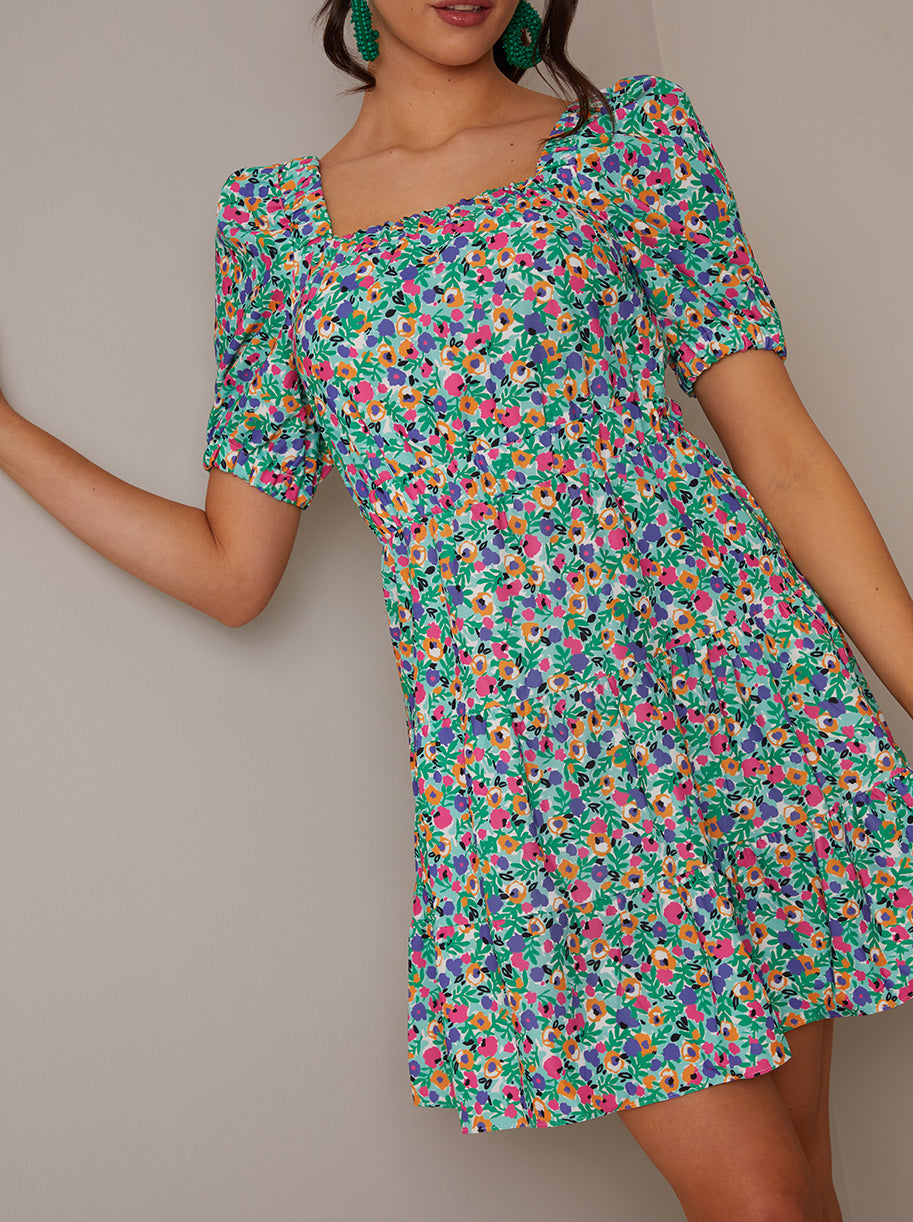 Short Sleeve Cross-Back Floral Mini Dress in Green