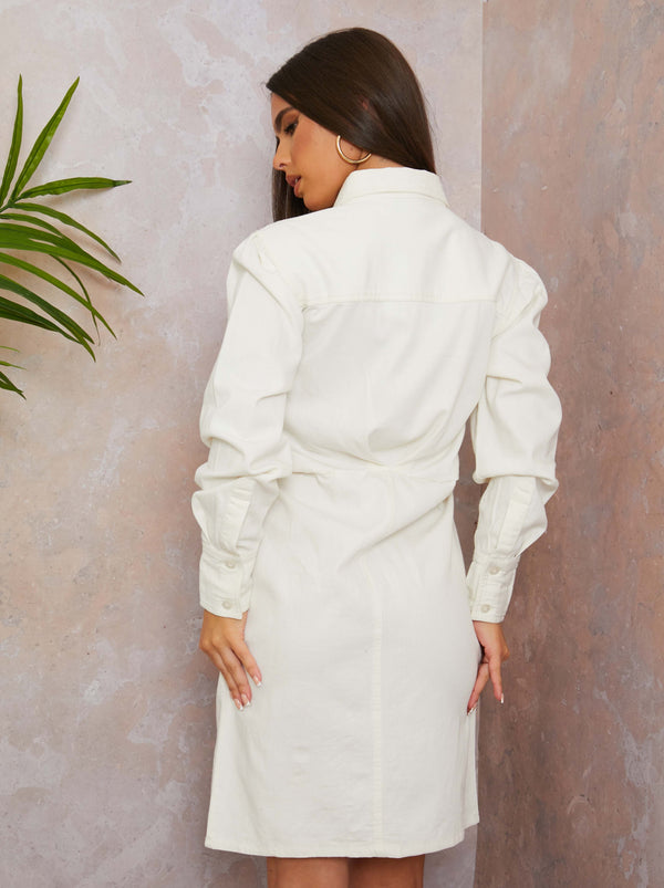 Long Sleeve Denim Midi Dress in Cream
