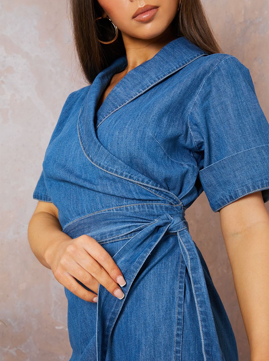Short Sleeve Denim Wrap Midi Dress in Blue | Chi Chi London UK Short Sleeve Denim Wrap Midi Dress in Blue | Chi Chi London UK