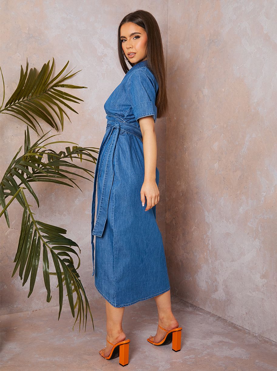 princess polly baby blue dress Short Sleeve Denim Wrap Midi Dress in Blue