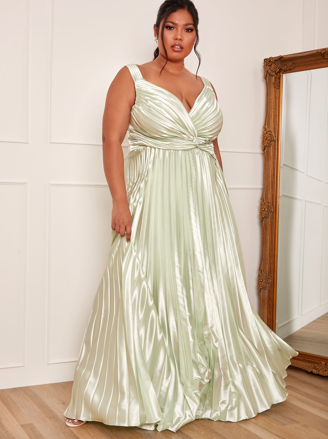 Chi Chi Plus Size Satin Cami Strap Pleated Maxi Dress in Mint, Size 24