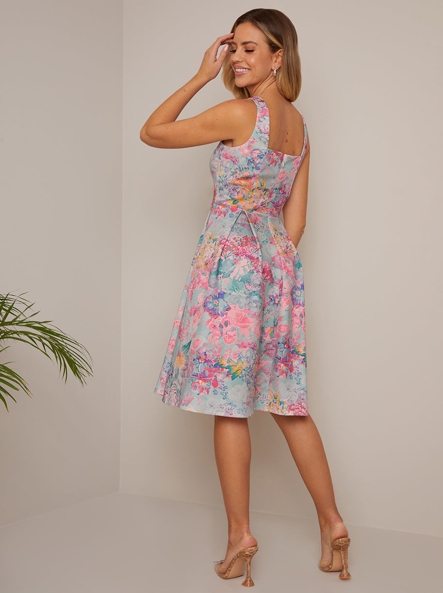 Sleeveless Square Neck Floral Midi Dress in Blue
