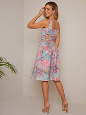 Sleeveless Square Neck Floral Midi Dress in Blue