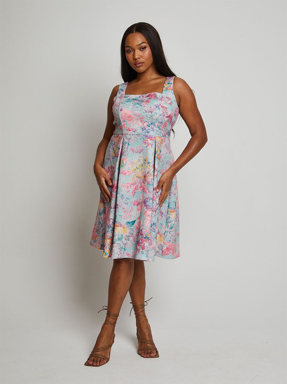 Sleeveless Square Neck Floral Midi Dress in Blue
