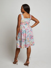 Sleeveless Square Neck Floral Midi Dress in Blue