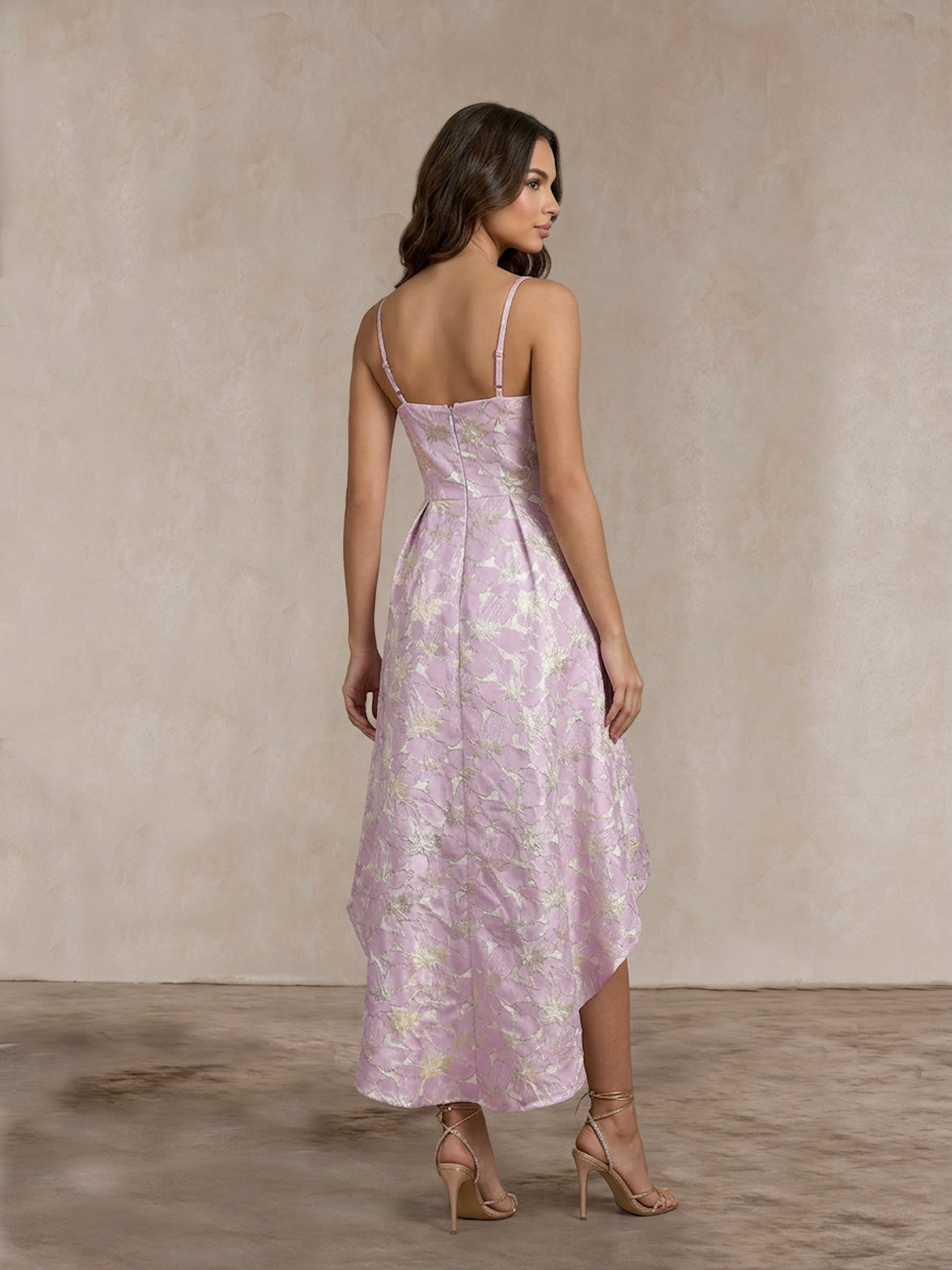 Cami Floral Jacquard Dip Hem Dress in Lilac