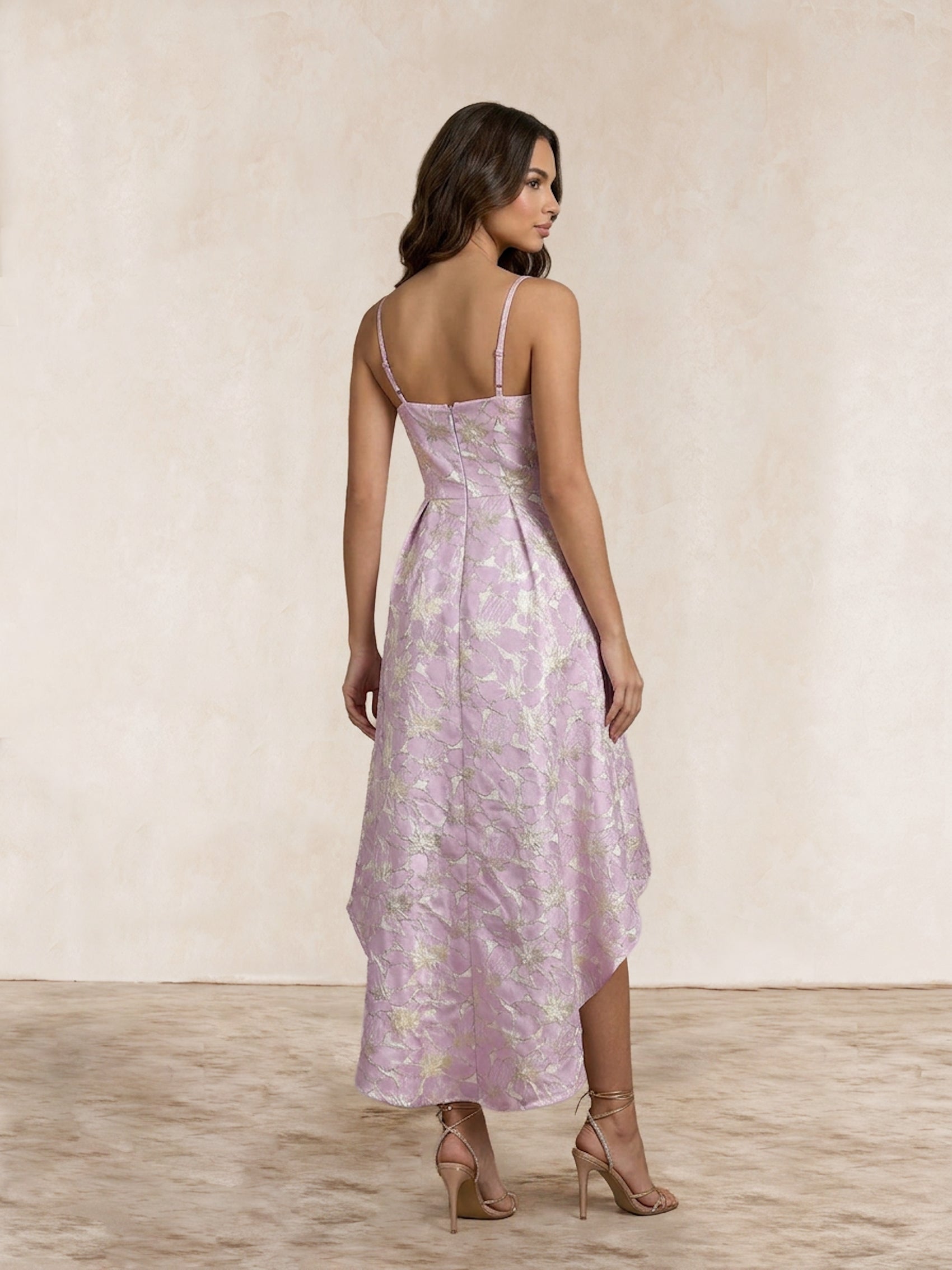 Cami Floral Jacquard Dip Hem Dress in Lilac