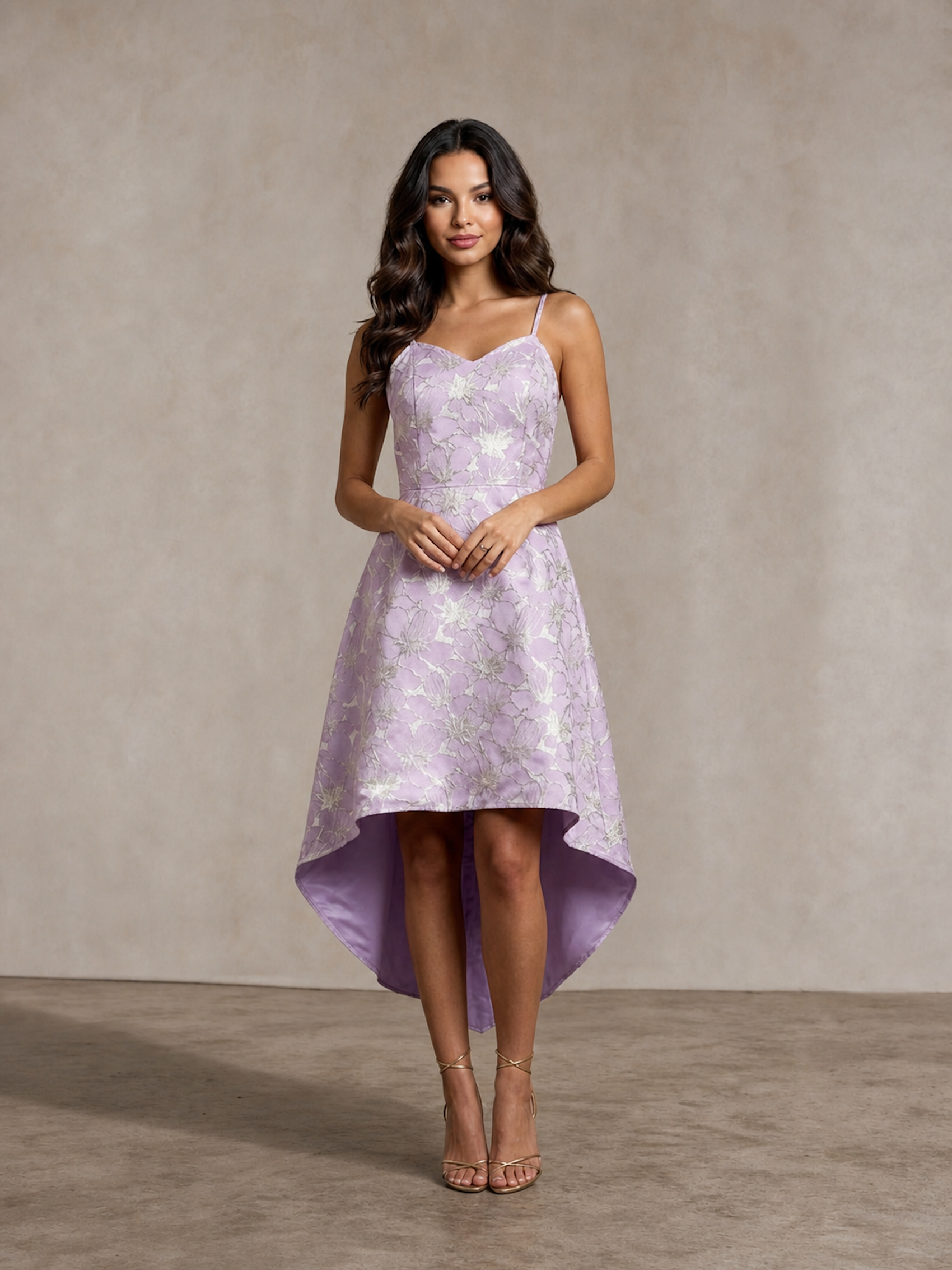 Cami Floral Jacquard Dip Hem Dress in Lilac