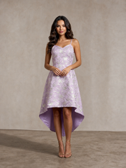 Cami Floral Jacquard Dip Hem Dress in Lilac