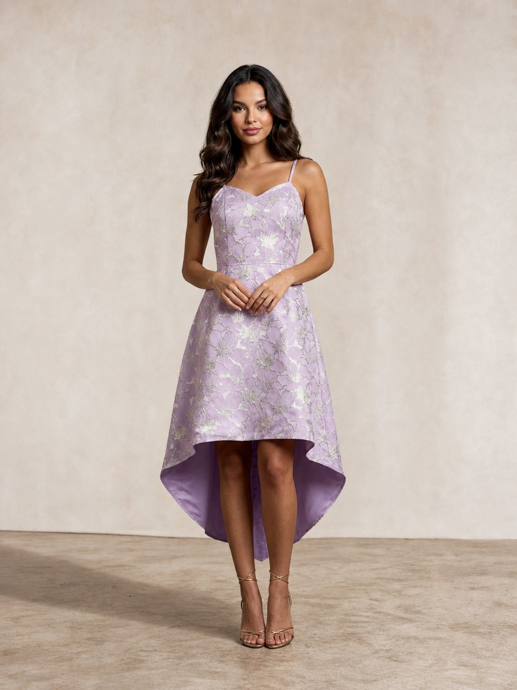 Cami Floral Jacquard Dip Hem Dress in Lilac