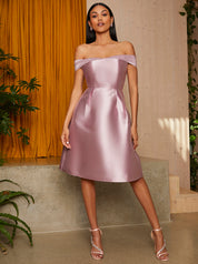 Bardot Box Pleated Skater Midi Dress in Mauve