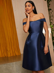 Bardot Box Pleated Skater Midi Dress in Navy